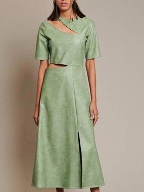 GHOSPELL Green Cutout Midi Dress Faux Leather